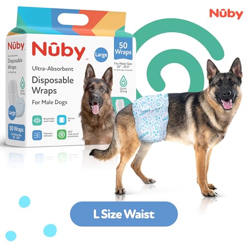 Nuby Pets Disposable Male Dog Wraps with Wetness Indicator, Absorbent & Leak-Resistant Belly Bands for Male Dogs, Large (25–29.5” Waist), 50 Count - size: L Waist 25 - 29.5 in