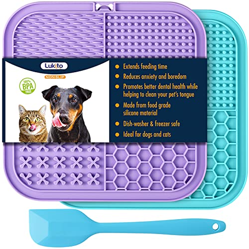 LUKITO Lick Mat for Dogs & Cats 2 Pack, Slow Feeder Licking Pad with Suction Cups for for Anxiety Relief and Boredom Reducer, Perfect for Bathing Grooming - color: Large-Blue&Purple+1 Spatula