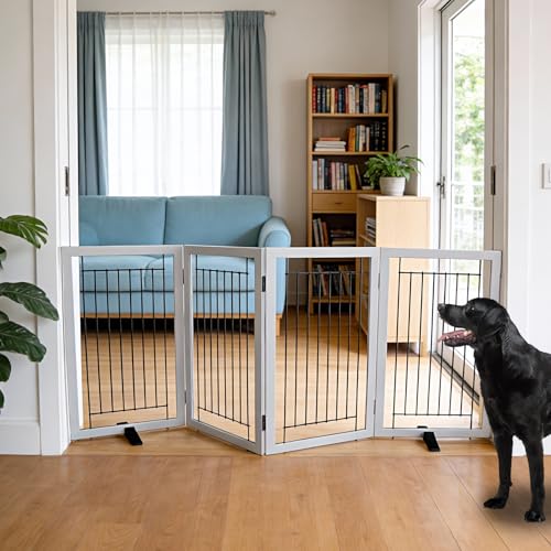 Dog Fence Indoor - 4-Panel Freestanding Dog Gate for Doorways, Hallways, House or Stairs -80x32-Inch Retractable Foldable Expandable Wood Pet by SFJC (Grey) - color: Gray, size: 【4 Panels】80''w X 32''h