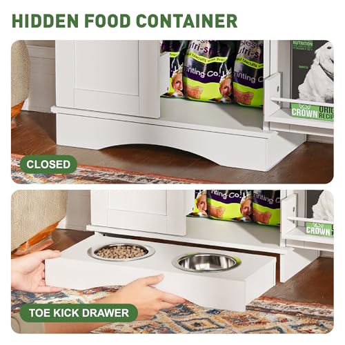Hometis 23.5"(w) Dog Feeding Station with Storage, Dual Door Hung Storage, Hidden Feeding Bowls,(Off White)