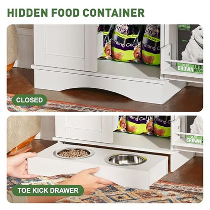 Hometis 23.5"(w) Dog Feeding Station with Storage, Dual Door Hung Storage, Hidden Feeding Bowls,(Off White)