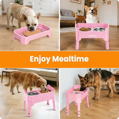 URPOWER 3-in-1 Elevated Dog Bowls - Mess Proof Double Deck 4 Height Adjustable Raised Stand with 2 Stainless Steel Food Bowls & Licking Plate for Small, Medium & Large Dogs - color: Pink, size: Large