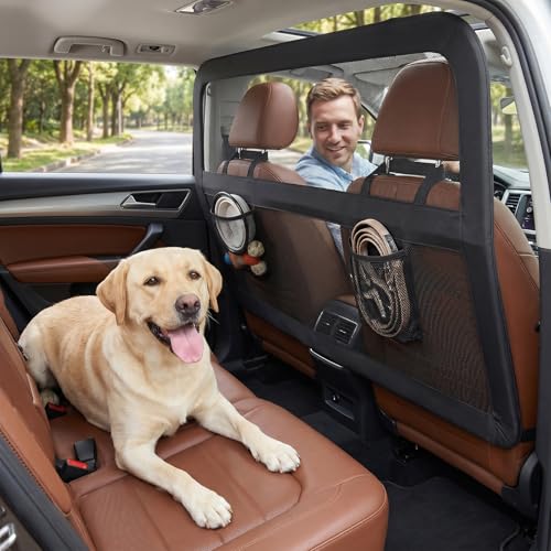 Heavy Duty Dog Car Barrier with Sturdy Metal Frame, Wider Coverage Pet Divider Net for Back Seat & Cargo Area, Universal Fit for Cars SUVs Trucks, Claw-Proof Transparent Mesh for Cool Airflow - size: Large