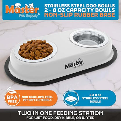 Master Pet Supply Double Dog Bowls Set with Elevated Base and 2 (8 oz) Stainless Steel Removable Dishes (Bone White) – Double Cat Food Water Bowl, Dog Puppy Food Bowl Set, Rust Resistant - color: Bone White
