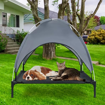 MYFULLY Elevated Dog Bed with Removable Sun Shade Canopy Portable Outdoor Pet Cot for Small and Medium Breeds, Waterproof Elevated Dog Bed for Camping, Backyard or Indoor Use