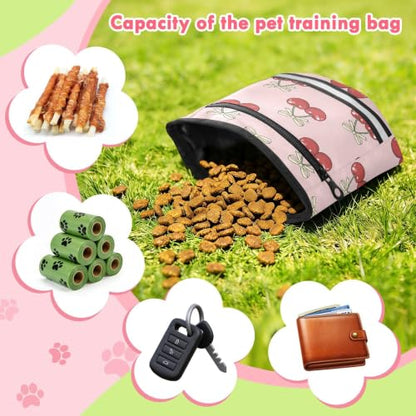 Cherry Water-Resistant Dog Treat Pouch, 3 Ways to Wear Treat Bag with Magnetic Closure & Reflective Strip, Hands-Free for Pet Training, Walking