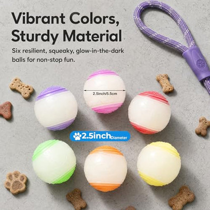 6Pcs Squeaky Glow in the Dark Dog Balls, Durable Rubber Glow Balls for Dogs, High Bounce Interactive Dog Glow Ball, 2.5Inch Universal Size for All Dogs—Indoor Outdoor Light Up Ball (Glow in the Dark)
