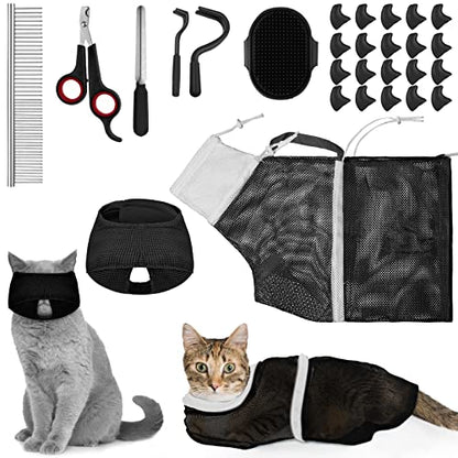 9 Pcs Cat Bathing Bag Set Cat Shower Bag Anti Bite and Scratch for Pet Grooming Washing Brush Comb Muzzle Nail Clipper Nail File Tick Tool(Black) - color: Black