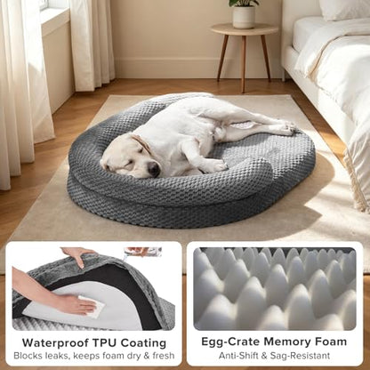 JOEJOY XL Orthopedic Dog Beds Large Sized Dog, Extra Large Washable Waterproof Oval Large Dog Bed with Removable Cover, Egg-Crate Foam Pet Bed with Bolster & Non-Skid Bottom, Dark Grey, 42''x31'' - color: Dark grey, size: XL(42"x 32"x 7")
