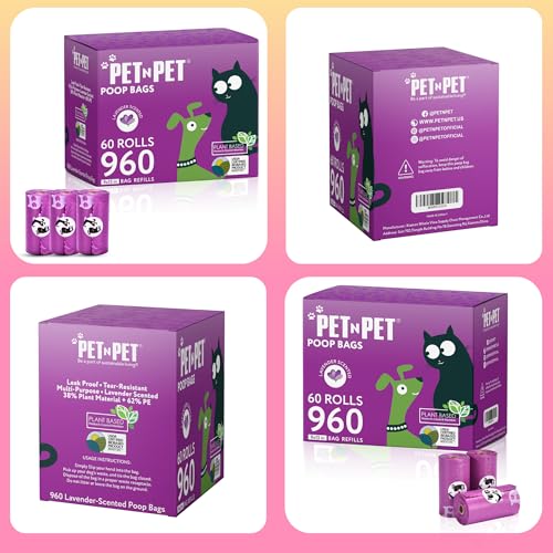 PET N PET Dog Poop Bags Scented, Value Pack 960 Count, Dog Bags Refill Rolls for Doggy Poo, Cat Litter Waste, Thick and Leak-Proof Sac CaCa Chien 41% Plant Based (Lavender) - size: 1 Count (Pack of 960)