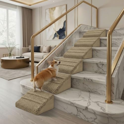 Dog Ramp for Stairs - Anti-Slip Foam Stair Wedges for Small & Senior Dogs, Cats, Gentle Slope Pet Steps with Washable Corduroy Cover, Self-Sticky Pads for Safe Climbing (Khaki-6 Pack) - color: Khaki-6 PACK