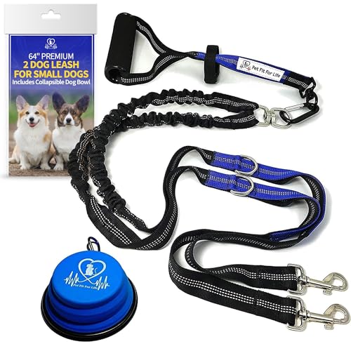 Pet Fit For Life 64" Lightweight Dual Dog Leash for Medium Dogs – Premium No Twist Double Leash with Soft Foam Handle | Shock-Absorbing Bungee & Durable Design | Added Collapsible Water Bowl - size: Small