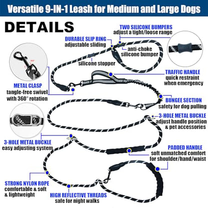 Hands Free Dog Leash Crossbody & Waist for Dog Walking, 13 ft 9-in-1 No Pull Heavy Duty Bungee Slip Lead Leash with 3 Padded Handles, Reflective & Tangle-Free for Large & Medium Dogs Black - size: 13 Ft