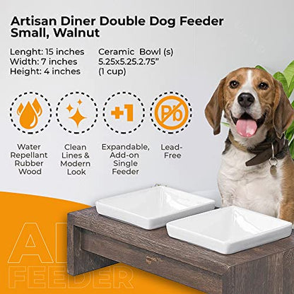 Bowsers Artisan Diner Double Dog Feeder - Handcrafted Rubberwood Frame with Square Ceramic Bowls Feeder for Dogs - Walnut, Small, 15" x 7" x 4" - color: Walnut, size: Small