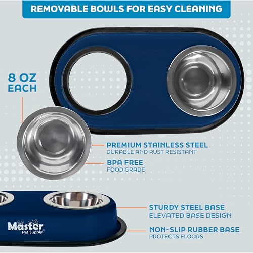 Master Pet Supply Double Dog Bowls Set with Elevated Base and 2 (8 oz) Stainless Steel Removable Dishes (Navy Blue) – Double Cat Food Water Bowl, Dog Puppy Food Bowl Set, Rust Resistant - color: Navy Blue