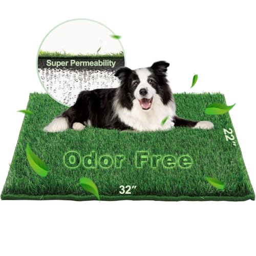 HQ4US 4LEGS Artificial Grass, Dog Pee Grass Pads for Dogs Potty, Odor Free Fake Grass for Dogs Large 32’’×22’’ with Countless Drainage Holes, Dog Potty Grass Hemmed Edge Realistic - size: L for Dog＜ 28" Length