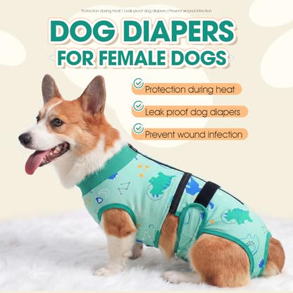 QBLEEV Dog Diapers Overalls, Escape Proof Full Body Female Male Dog Diapers with Suspenders, Reusable Washable Period Pants for in Heat Incontinence, 2-1Detachable Doggie Onesie with Tail Hole - color: Green, size: XS