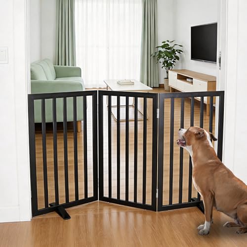 ZJSF Freestanding Indoor Dog Gate for House Foldable Wood Puppy Gate for Doorways Pet Gate for Stairs Extra Wide Pet Fence, Black, 32" Height 3 Panels - color: Black, size: 【3 Panels】60''w x 32''h