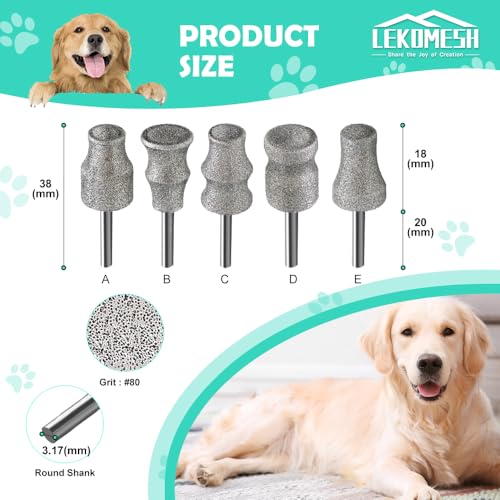 Diamond Dog Nail Grinder Bit (1/8" Shank) – 5 PCS Heavy Duty Professional Rotary Grinder Attachment for Dremel, Dual-Beveled & Cooling Design Head for Safe, Quick Pet Claw Shaping - size: 5pcs Mix