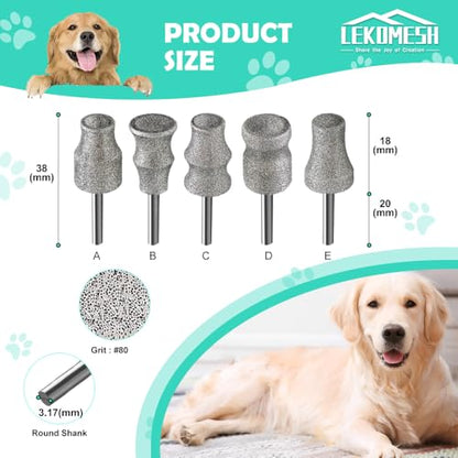 Diamond Dog Nail Grinder Bit (1/8" Shank) – 5 PCS Heavy Duty Professional Rotary Grinder Attachment for Dremel, Dual-Beveled & Cooling Design Head for Safe, Quick Pet Claw Shaping - size: 5pcs Mix