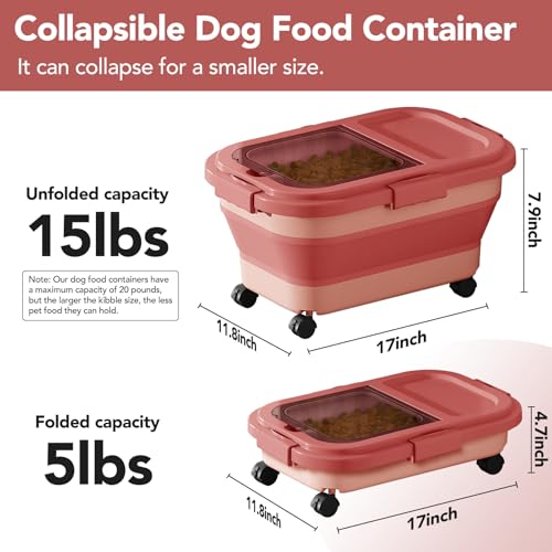 Summark 15 Lbs Dog/Cat Food Storage Container,Collapsible Food Storage Containers with Rolling Wheel Airtight Locking Lid,Pet Food Storage Container with Cup and Scoop,Pink - color: Pink