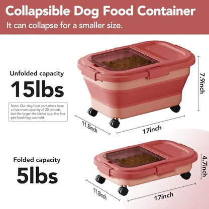 Summark 15 Lbs Dog/Cat Food Storage Container,Collapsible Food Storage Containers with Rolling Wheel Airtight Locking Lid,Pet Food Storage Container with Cup and Scoop,Pink - color: Pink
