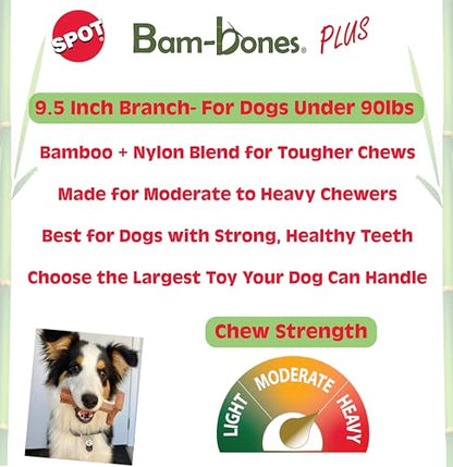 SPOT Bam-Bones Plus Branch -Bamboo Fiber & Nylon, Durable Long Lasting Dog Chew for Aggressive Chewers – Great Toy for Adult Dogs & Teething Puppies Under 90lbs, Non-Splintering, 9.5in, Beef Flavor - size: 9.5 inch (Pack of 1)