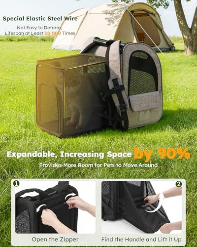 pecute Cat Backpack Expandable, Cat Backpack for Cat with Breathable Window - color: Brown, size: 12.6"L x 10.2"W x 16.5"H