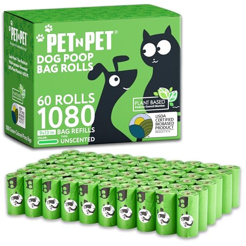Pet N Pet 1080 Counts Green Poop Bags for Dogs, 41% Plant Based & 59% PE Extra Thick Dog Poop Bags Rolls, 9" x 13", Unscented Pet Waste Bag - size: 1 Count (Pack of 1080), style: Unscented - Green