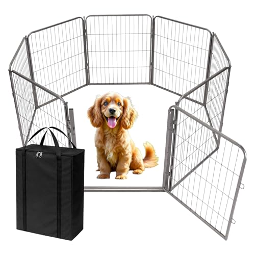 Dog Playpen w/Carrying Case for Indoor or Outdoor Use – 32 Inch, 8 Grey Panels - Portable Metal Exercise Pen for Small & Medium Dogs - Pet Fence Kennel Crate for House, RV, or Travel - color: Grey, size: 32 Inch