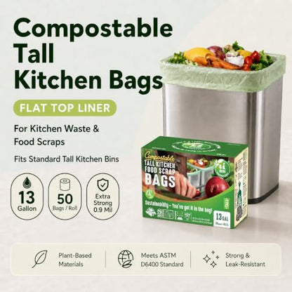 UNNI Compostable Trash Bags, 13 Gallon / 49.2 Liter, 50 Count, Extra Thick 0.9 Mil Tall Kitchen Food Scrap Bin Liners, Certified by BPI, CMA & OK compost HOME, Meets the ASTM D6400 Standard - size: 50 Count (Pack of 1), style: 13 Gallon