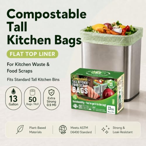 UNNI Compostable Trash Bags, 13 Gallon / 49.2 Liter, 100 Count, Extra Thick 0.9 Mil Tall Kitchen Food Scrap Bin Liners, Certified by BPI, CMA & OK compost HOME, Meets the ASTM D6400 Standard - size: 100 Count (Pack of 1), style: 13 Gallon