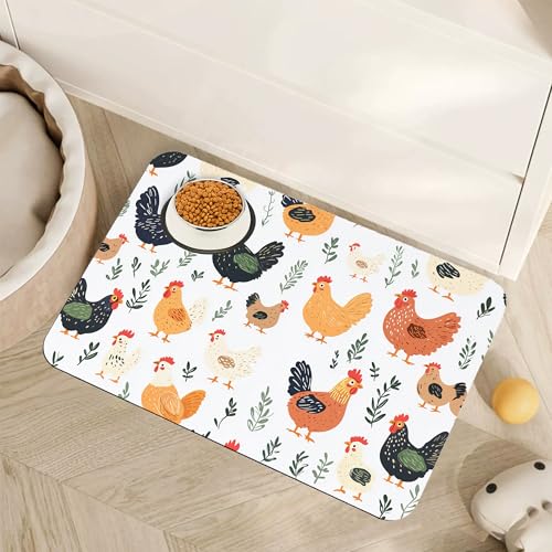Rooster Dog Cat Food Mat,Hen Chicken Meadow Absorbent Pet Feeding Mat for Food and Water,Non-Slip Dog Bowl Mats Floor Protector 12"x20" - color: Rooster Hen Chicken Meadow, size: 20"L x 12"W