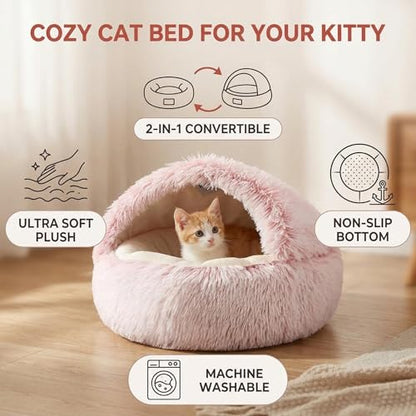 Cozy Zipper Convertible Cat Bed Cave, 2 in 1 Round Plush Donut Dog Bed with Removable Hood, Warm Fuzzy Enclosed Pet Nest Bed for Small Dogs Kittens, Machine Washable (Pink, 23.6 in Medium Size) - color: Pink, size: 23.6 in Medium Size