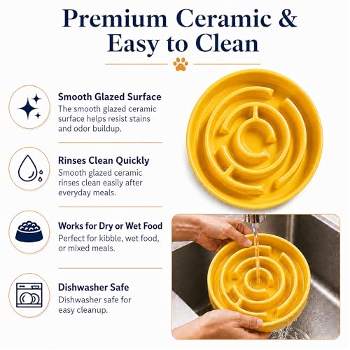 Slow Feeder Dog Bowls, Silicone Dog Bowl with Anti-Slip, Slow Feeder & Non-Slip Design, Boredom and Anxiety Reducer, Suitable for All Breed Dogs and Cat (Ceramic-Yellow) - color: Ceramic-Yellow
