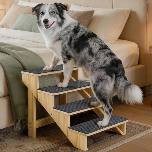 4-Step Dog Stairs for Large Dogs, Solid Wooden Dog Steps for Beds/Couch with Carpet, 24 Inches Anti-Slip Pet Stairs for High Beds, Ramp for Older/Senior Dogs, Pet Bed Stairs to Get on Bed/Sofa