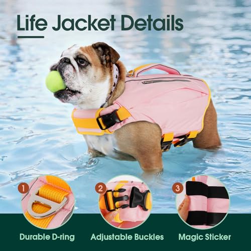 Kuoser Dog Life Jacket, High Flotation Pet Swim Vest with Rescue Handle | High Flotation, Rescue Handle, Adjustable, Reflective,2 Storage Pockets, Pool Lake Boat Beach, Small Medium Large, Easy Wear - color: Pink, size: XL (Chest Girth:25.9-33.4'')