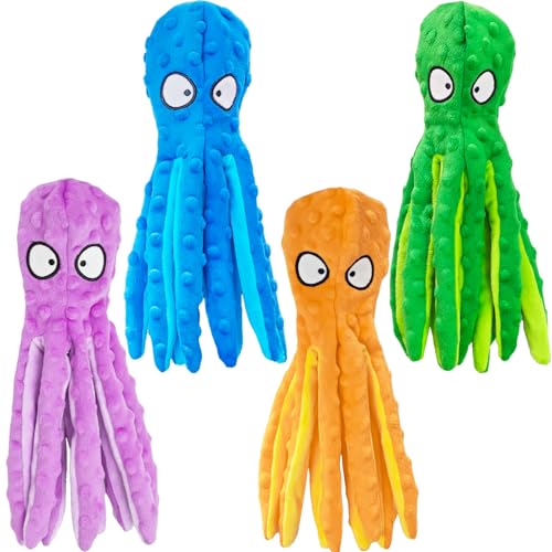 4 Pack Squeaky Dog Toys - Octopus Plush Dog Toys for Aggressive Chewers, No Stuffing, Crinkle, Durable Interactive, 4 Colors - size: 4 pack