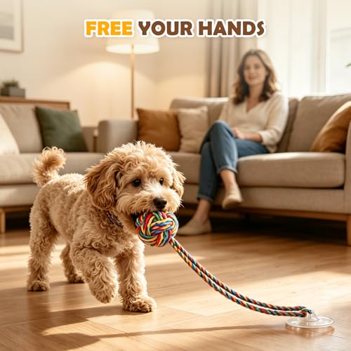 2PCS Dog Tug of War Toy with Suction Cup, Interactive Dog Toy, Pet Cotton Rope with Treat Food Dispensing Ball, Puppy Teething Toys for Chewers