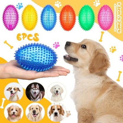Gemscream 6 Pcs 4.5'' Spiky Squeaker Football Dog Toy for Medium Large Dogs Heavy Duty Rubber Chew Toys for Aggressive Chewers Spiky Ball Fetch for Training Clean Teeth Outdoor - style: Classic
