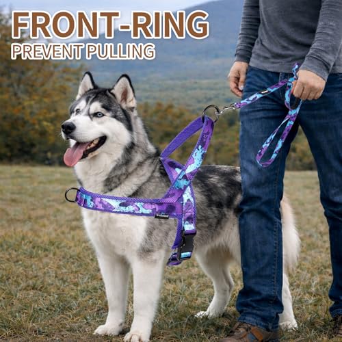 No Pull Dog Harness and Leash Set-Vest Harness with Handle&5FT Dog Leash with Car Seatbelt Clip,Breathable Mesh&Quick Fit Dog Harness Easy for Medium Large Dogs Training Walking(Camo Purple,M) - color: No Reflective-Camo Purple, size: M:Belly Chest-22.4''