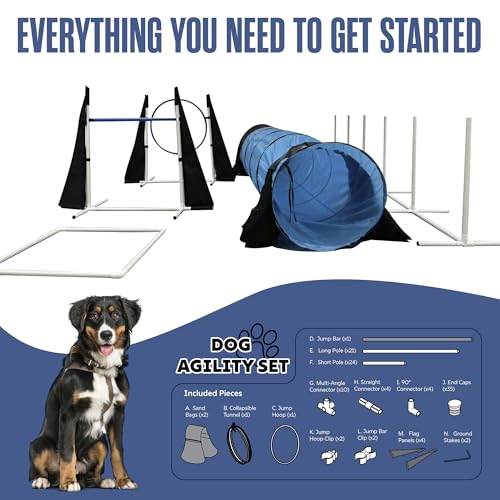 Houseables Dog Agility Course Backyard Set, Dog Agility Equipment, Obstacle Course Backyard, Training and Exercise Equipment, Play Tunnel, Weave Poles, Jumps, Pause Box for Playground, Park, Indoor