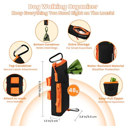Dog Poop Bag Holder for Leash with 2 Waterproof Storage Pouches, Carabiner Clip, Zipper Soft Doggy Pouch for Pet Waste Bags, Dog Walking, Training, Travel (Black) - color: Black