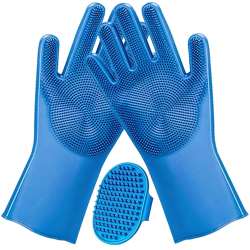 2PCS Dog Washing Gloves and Dog Bath Brush, Pet Shower Mitt with 3000 Soft Rubber Bristles, Adjustable Handle Scrubber for Bath, Massage and Grooming - color: Blue
