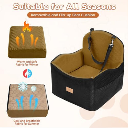 Dog Car Seat for Medium/Small Dogs, Dog Booster Car Seat, Pet Booster Seats Up to 40lbs with Waterproof Layer, 3 Storage Pockets and Safety Belt (Black/Brown) - color: Black/Brown
