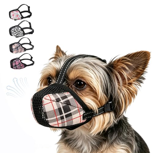 KOOLTAIL Dog Muzzle,Soft Breathable Dog Muzzles for Small Medium Large Sized Dogs to Anti Barking Grooming Biting,Reflective Adjustable Air Mesh Basket Muzzles, Allows Panting and Drinking - color: Beige Plaid, size: Small