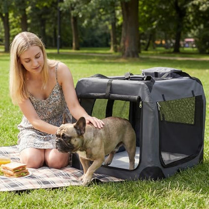 Giantex Folding Soft Dog Crate, 33 Inch Foldable Portable Dog Kennel for Large Dogs up to 50 lbs, Collapsible Soft-Sided Pet Travel Crate with 5-Sided Mesh, 3 Doors, Washable Mat & Storage Pockets - size: 33.0"L x 23.0"W x 23.0"H