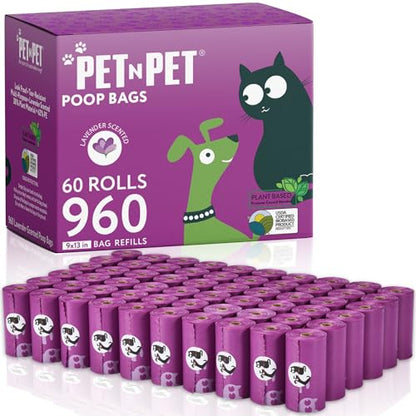 PET N PET Dog Poop Bags Scented, Value Pack 960 Count, Dog Bags Refill Rolls for Doggy Poo, Cat Litter Waste, Thick and Leak-Proof Sac CaCa Chien 41% Plant Based (Lavender) - size: 1 Count (Pack of 960)