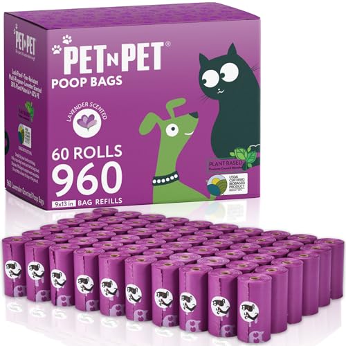 PET N PET Dog Poop Bags Scented, Value Pack 960 Count, Dog Bags Refill Rolls for Doggy Poo, Cat Litter Waste, Thick and Leak-Proof Sac CaCa Chien 41% Plant Based (Lavender) - size: 1 Count (Pack of 960)