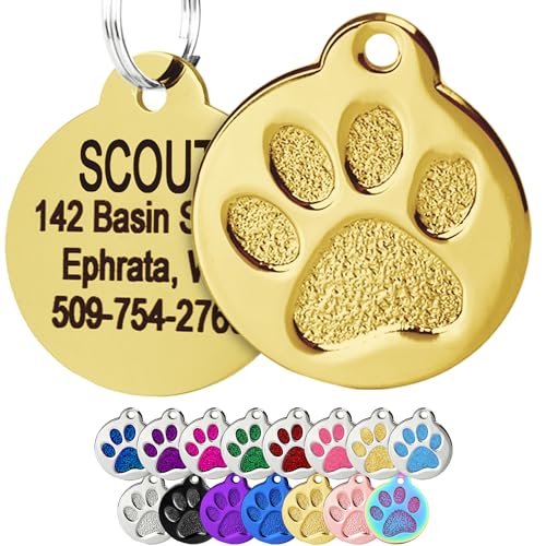 GoTags Paw Print Round Stainless Steel Pet Tag for Dogs and Cats, Personalized with 4 Lines of Custom Engraved ID Name and Number, in Stainless Steel and 15 Colors Small and Large, Gold - color: Solid Gold, size: Small w/o Silencer